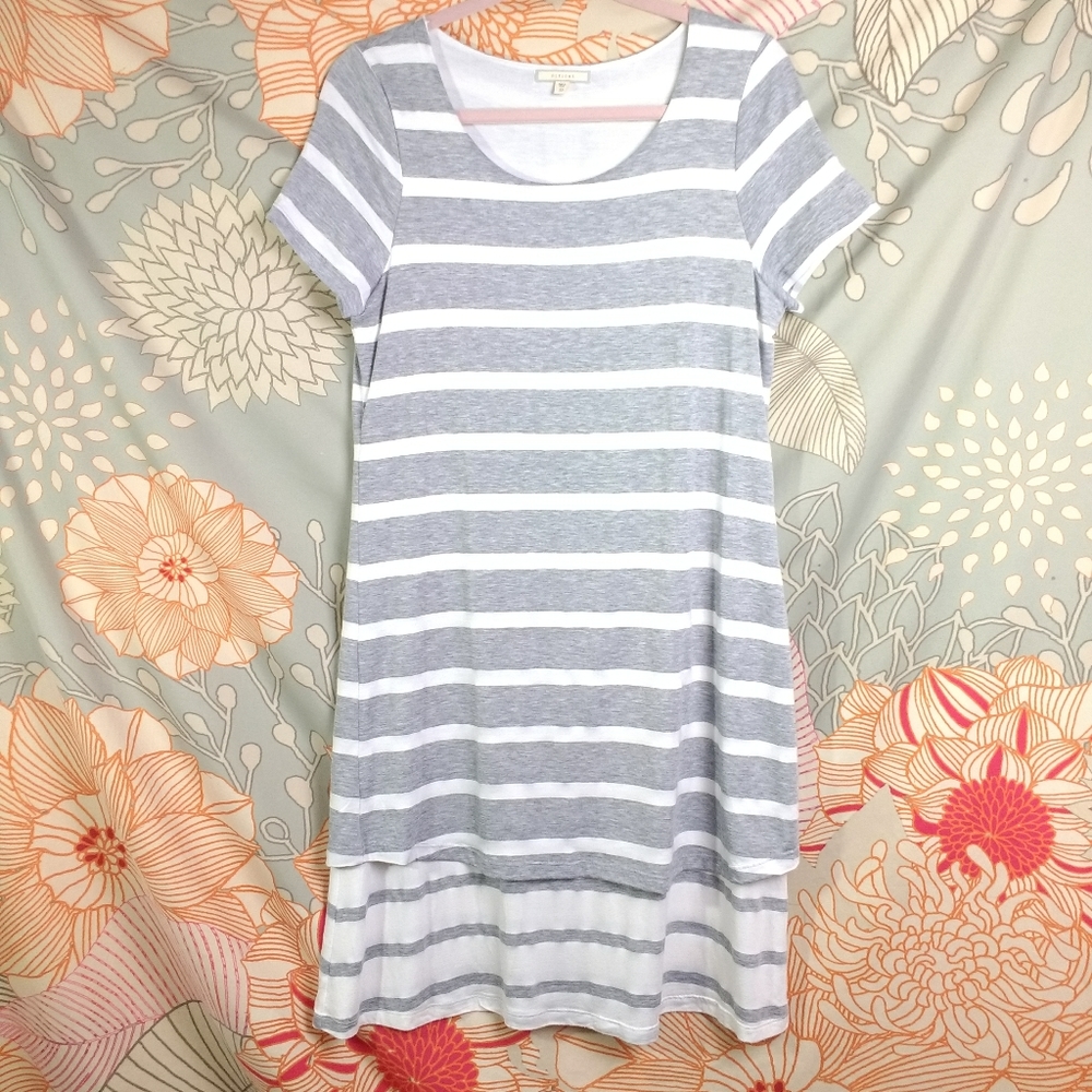 Pleione Gray and Off White Stripe T Shirt Dress XS